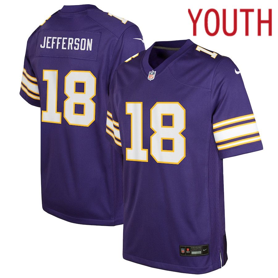 Youth Minnesota Vikings #18 Justin Jefferson Nike Purple Game NFL Jerseys->youth nfl jersey->Youth Jersey